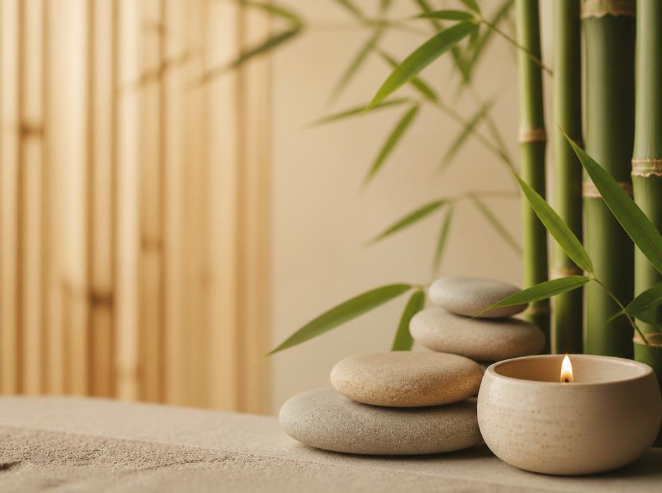 Detalle de bambú, piedras y vela en ambiente relajante