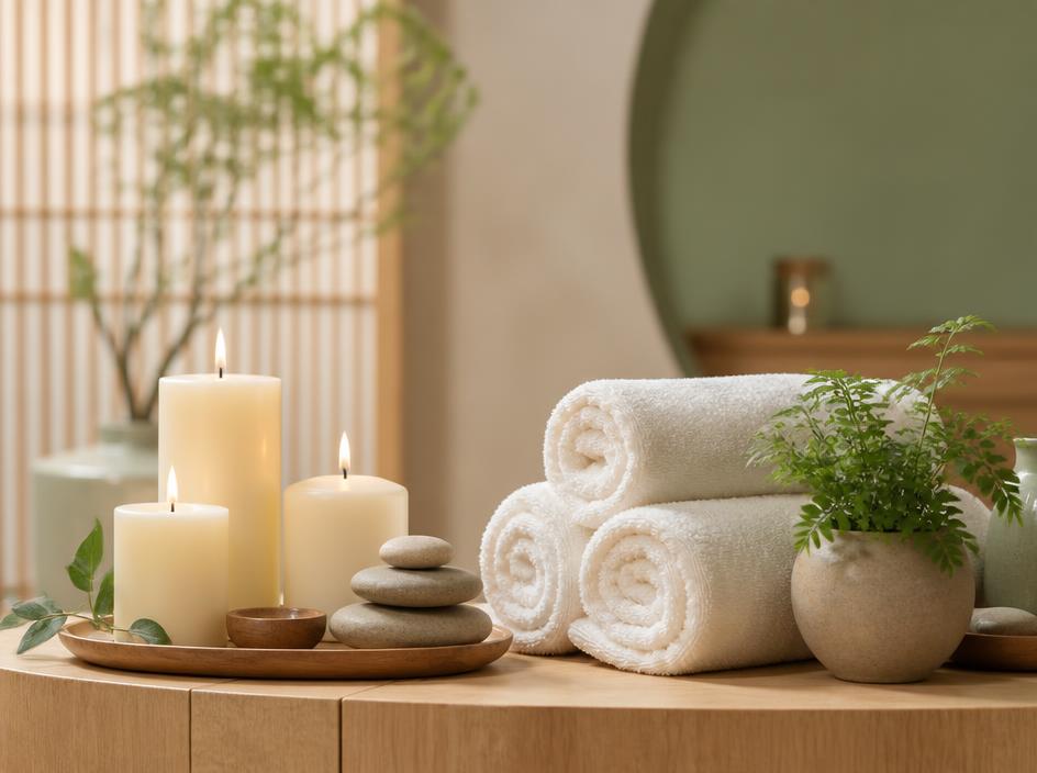 Velas, toallas y plantas en recepción de spa